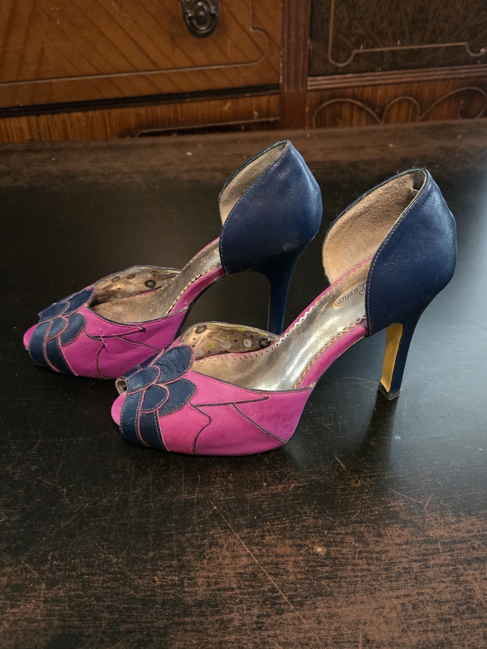 Poetic Licence London Women's Pink & Navy Peep-Toe High Heels Size EUR 39 (8.5)